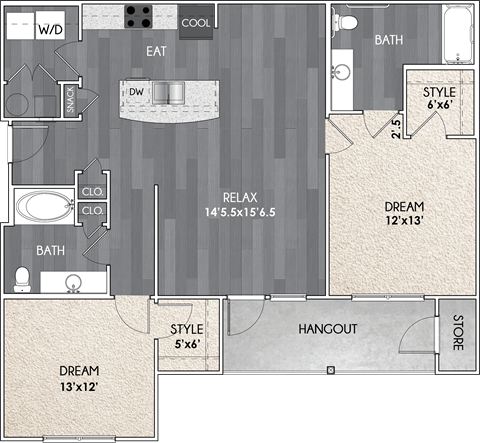 Floor plan for 2 beds, 2 baths, 1163 sqft